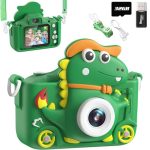 Kindercamera dinosaurus, 2 inch display, 1080p, digitale selfiecamera voor kinderen met 32 GB, fotocamera voor kinderen van 3 tot 12 jaar, jongens en meisjes, cadeau, speelgoed (groen)