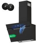 FIREGAS schuine afzuigkap 60 cm,energieklasse A+++, 684 m³/h, 9 standen,touch-en gebarenbediening, recirculatie/luchtafvoer, met LED-verlichting, inclusief actief koolstoffilter en afvoerslang,zwart