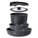 GiPP Keramische pannenset met afneembaar handvat, 5-delige pot- en pannenset met antiaanbaklaag, inductiekookpottenset, ovenbestendig, voor alle kookplaten, PTFE/PFOA-vrij, zwart