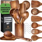 Beste keukengerei Wooden Cooking Utensils, Kitchen Utensils Set with Holder & Spoon Rest, Teak Wood Spoons and Wooden Spatula for Cooking, Nonstick Natural and Healthy Kitchen Cookware, Durable Set of 13 Pieces